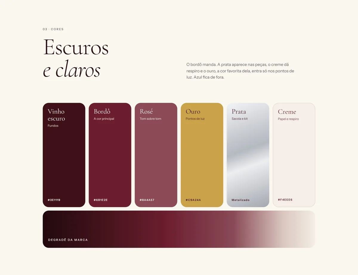 Formatura Babi: paleta: vinho escuro, bordô, rosé, ouro, prata e creme
