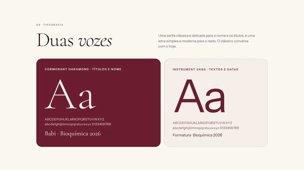 Formatura Babi: tipografia: Cormorant Garamond e Instrument Sans